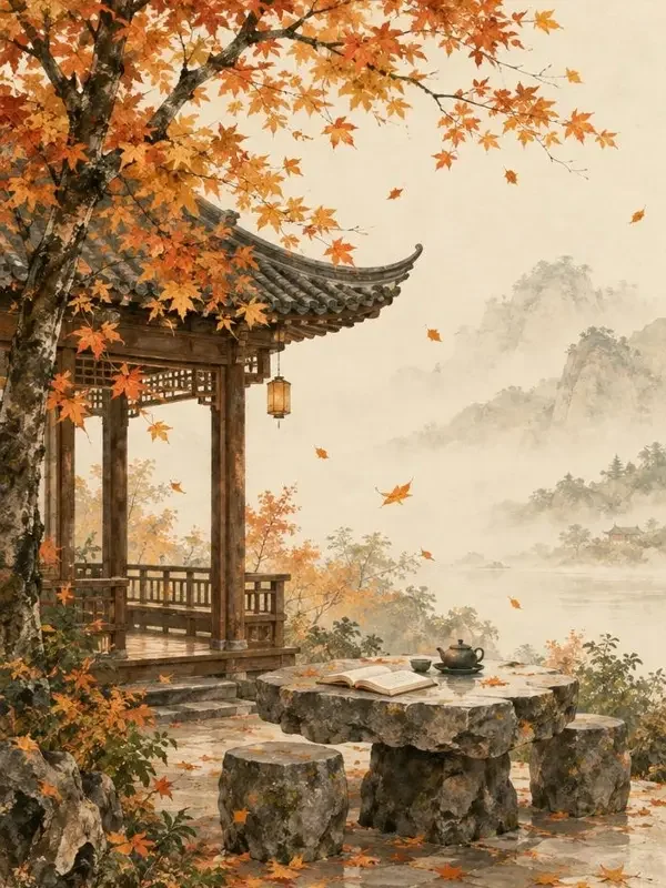 《枫亭落叶》封面，廊亭枫树与茶案书页插画