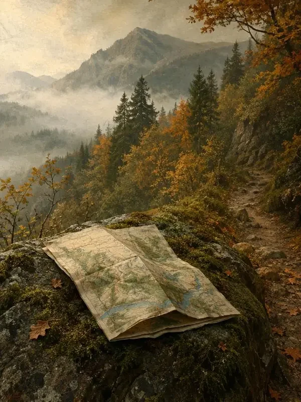 《岭下印记》封面，秋日山道与旧地图插画