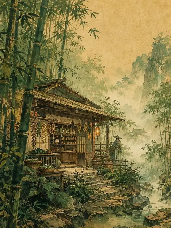 《竹青苑下》封面，竹林医馆与药草插画
