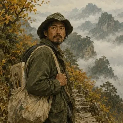 陆远山作者头像，秋日山道背景插画