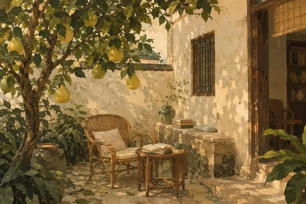 品牌介绍页头插画,秋日小院与阅读藤椅
