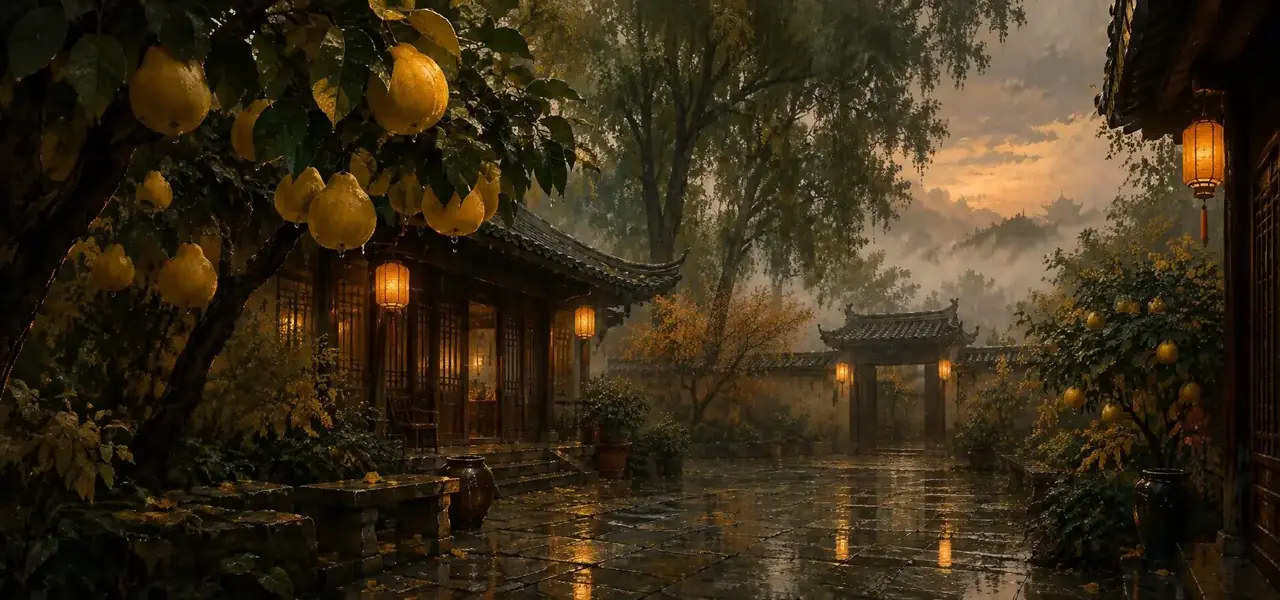 连载广场页头插画,秋日庭院与柚子树