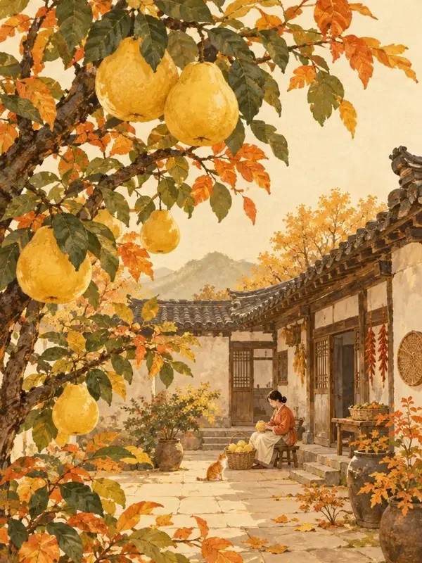 拷贝漫画《柚香秋院录》封面，秋日庭院与金黄柚果插画