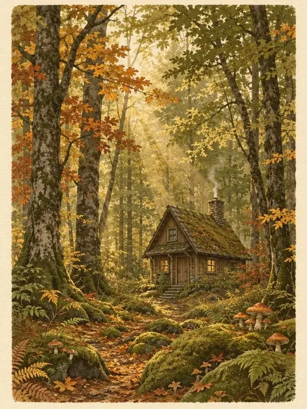 《林间小舍》封面，林中小屋与秋日森林插画