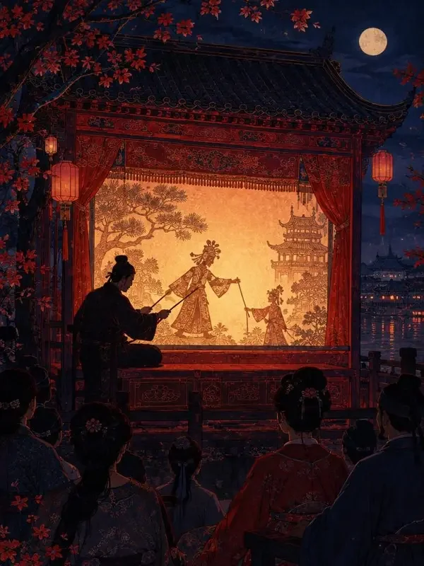 《晚霞剪影》封面，皮影戏台与暖色剪影插画