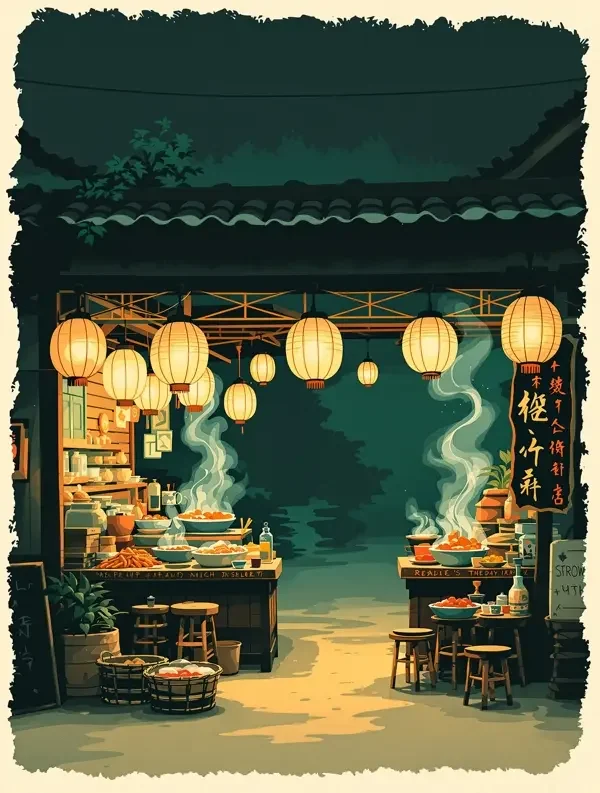 《晚市灯花》封面，夜市灯笼与小吃摊插画