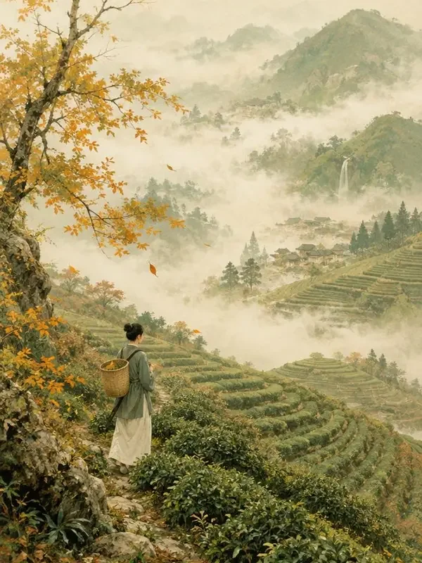 《柚叶问心》封面，秋日茶山与少年插画