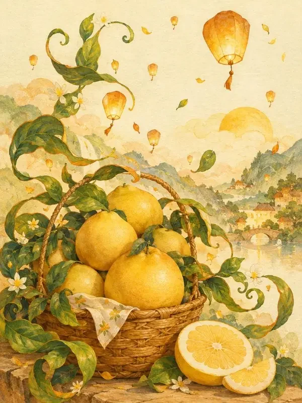 《秋拾柚语》封面，柚篮与灯笼童话插画