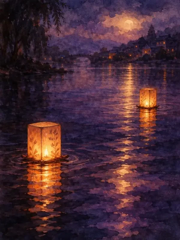 《夜航温语》封面，夜间渡船与河面灯光插画