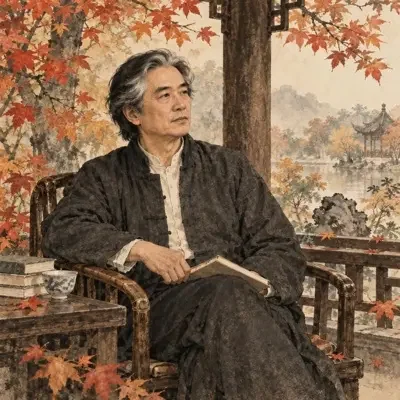 唐渔作者头像，廊亭枫叶背景插画