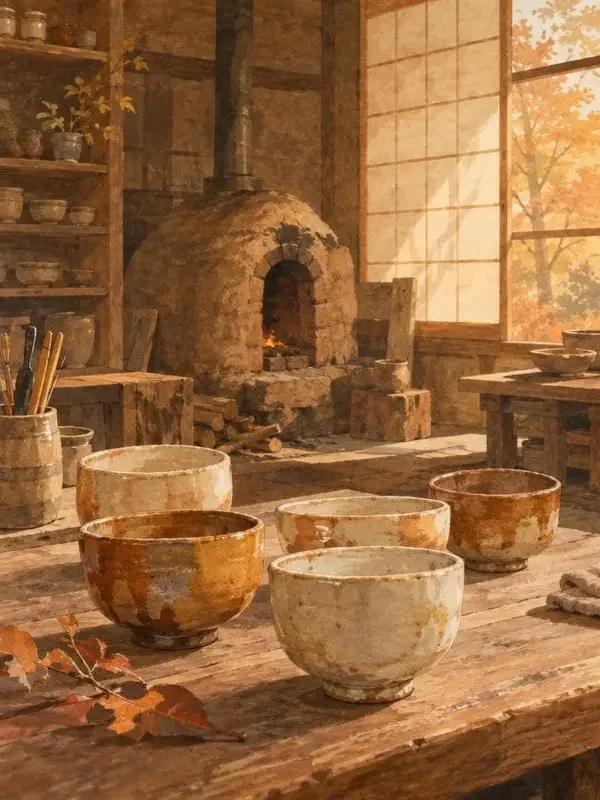《秋瓷造物》封面，陶艺工坊与釉色茶器插画