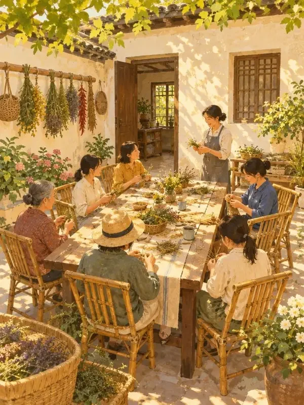 《煦阳院畔》封面，暖阳院落与手作课堂插画